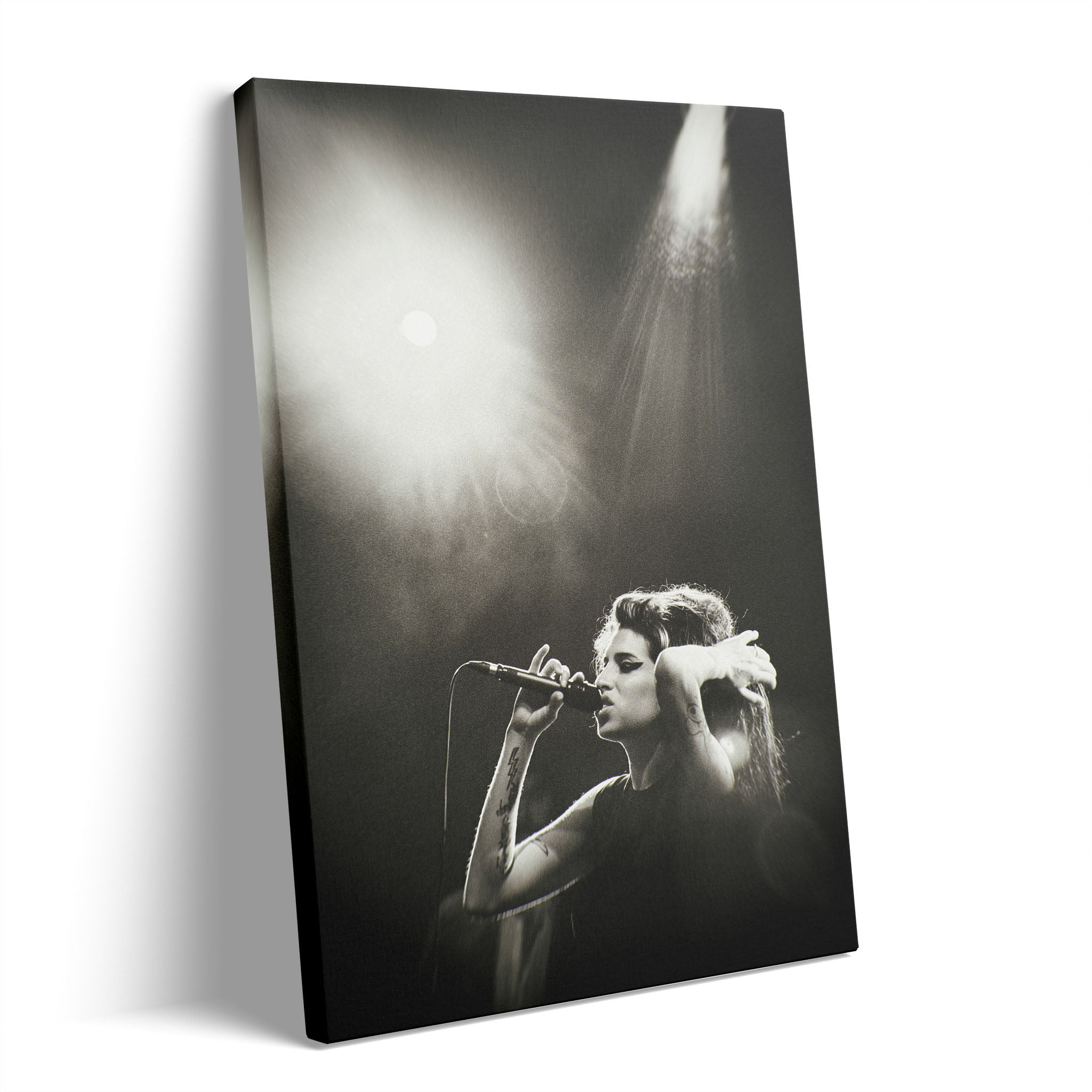 Premium gallery-wrapped black and white canvas print of Amy Winehouse live in the Back to Black era.