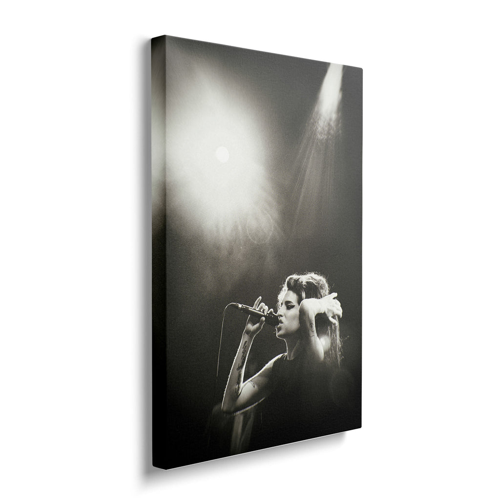 Front view of the heavy-weight black and white canvas wall art print of Amy Winehouse.