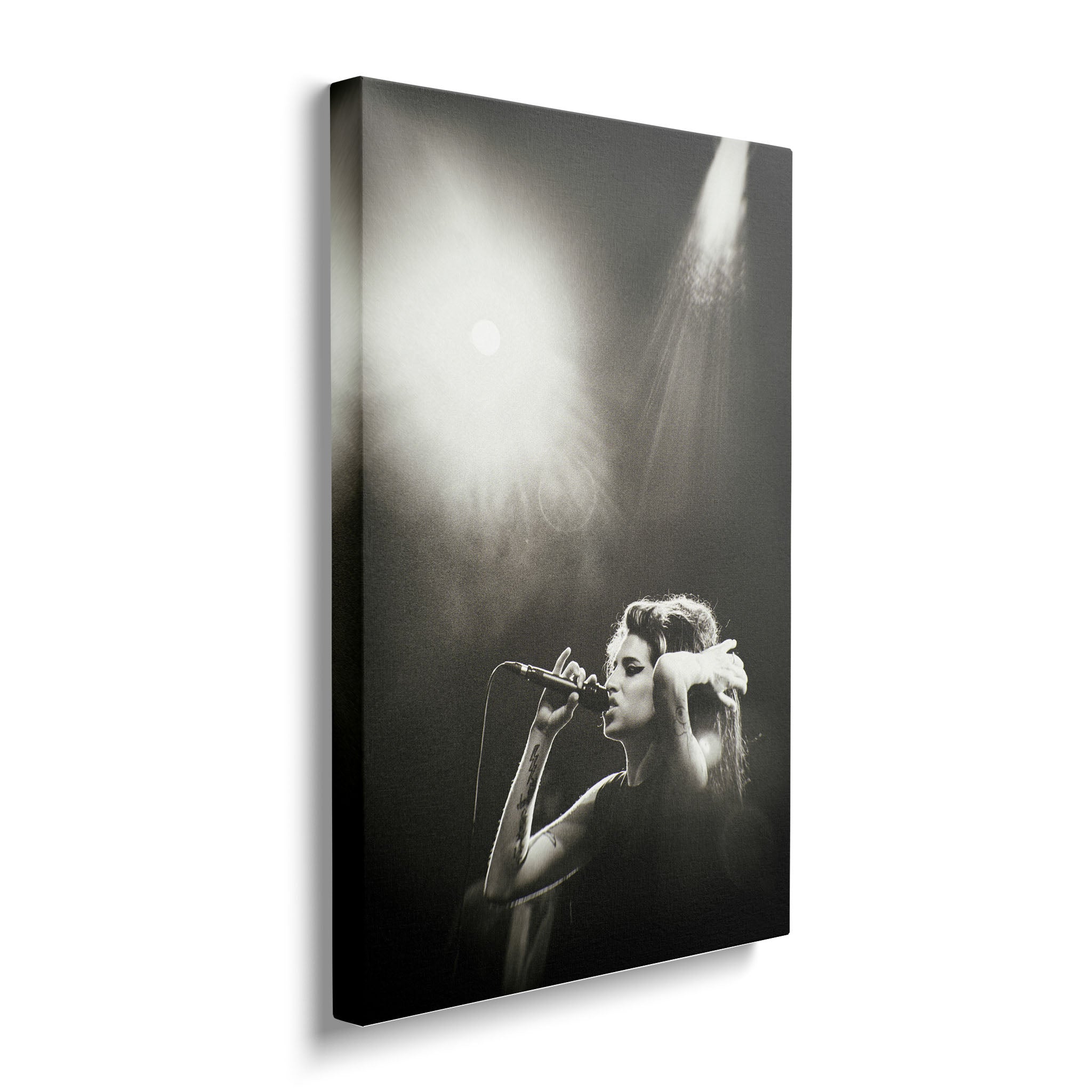 Front view of the heavy-weight black and white canvas wall art print of Amy Winehouse.