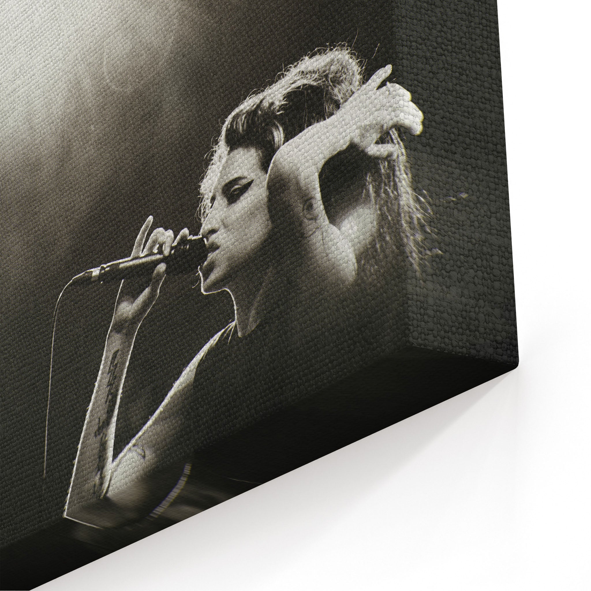 Close-up of the archival canvas texture and sharp black and white print detail on the gallery-wrapped edge.