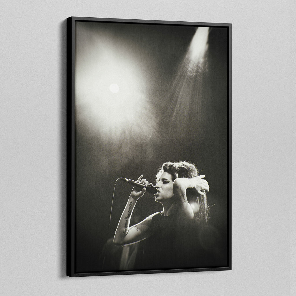 Side angle of the Amy Winehouse black and white canvas in a luxury minimalist black floating frame.