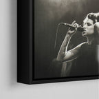 Corner macro of the elegant floating gap and fine finish of the black floating canvas frame.