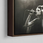 Corner close-up showing the rich grain and joinery of the dark walnut floating canvas frame.