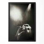 Amy Winehouse Back to Black era black and white live concert poster in a premium classic black wooden frame by POSTEREVER.
