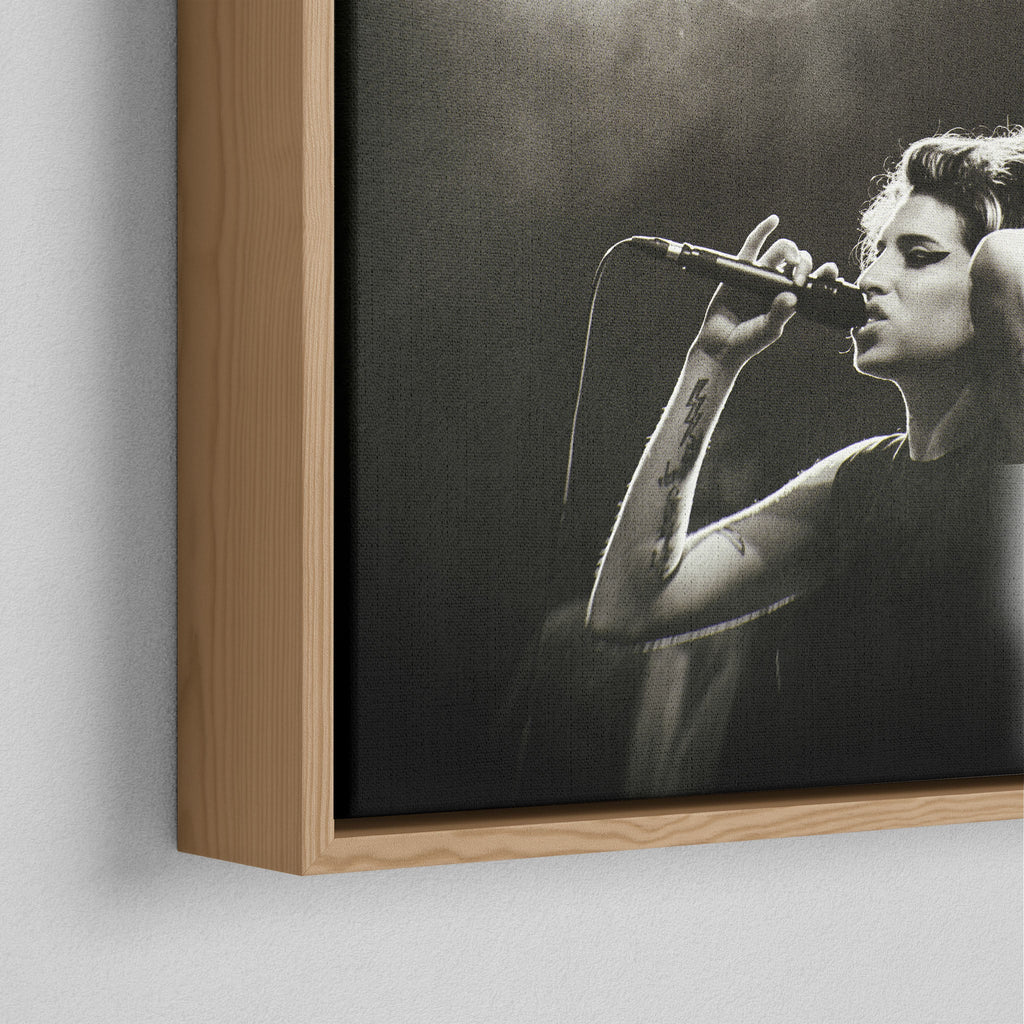 Corner close-up of the floating gap and grain texture of the natural wood canvas frame.