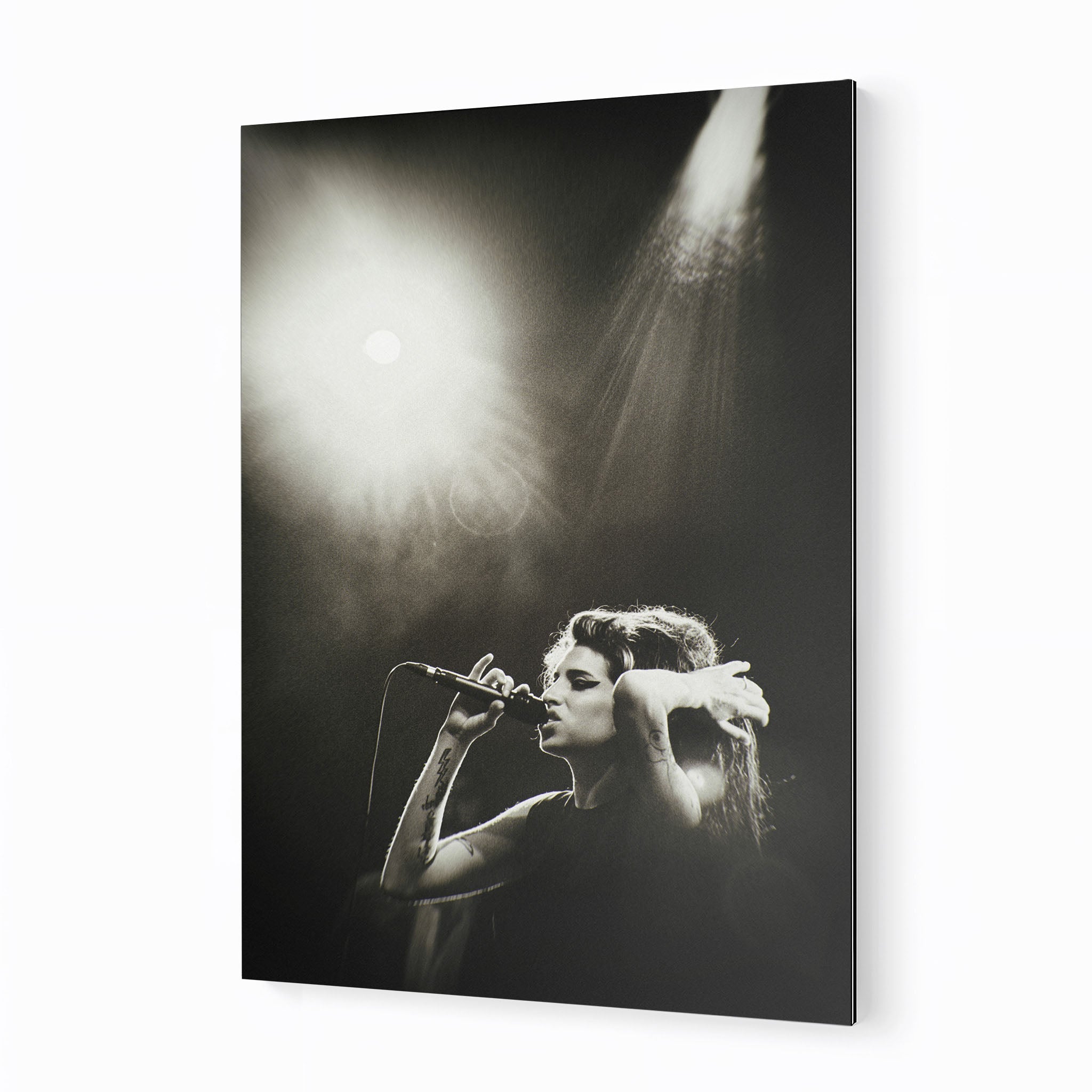 Premium black and white metal print of Amy Winehouse in the Back to Black era on an industrial-grade aluminum panel.