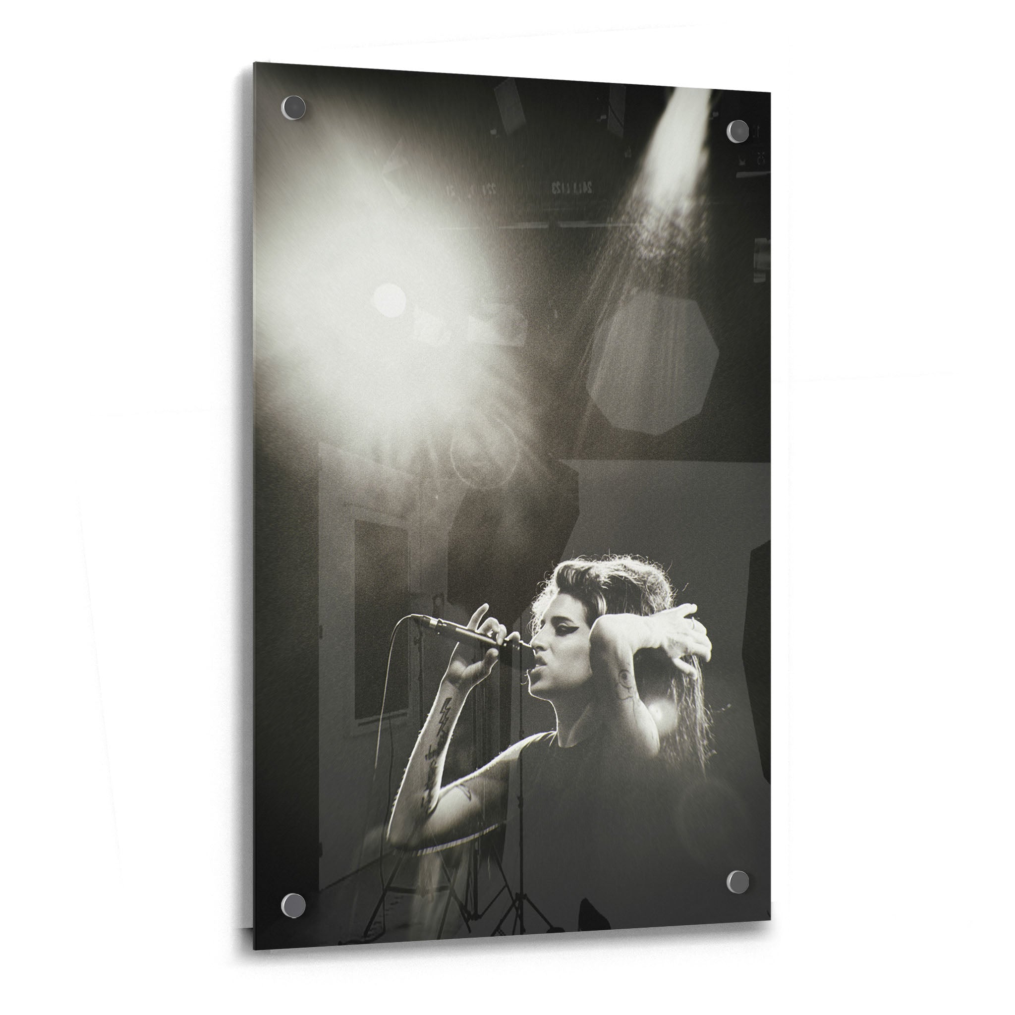 Crystal-clear acrylic glass black and white art print of Amy Winehouse with polished edges.