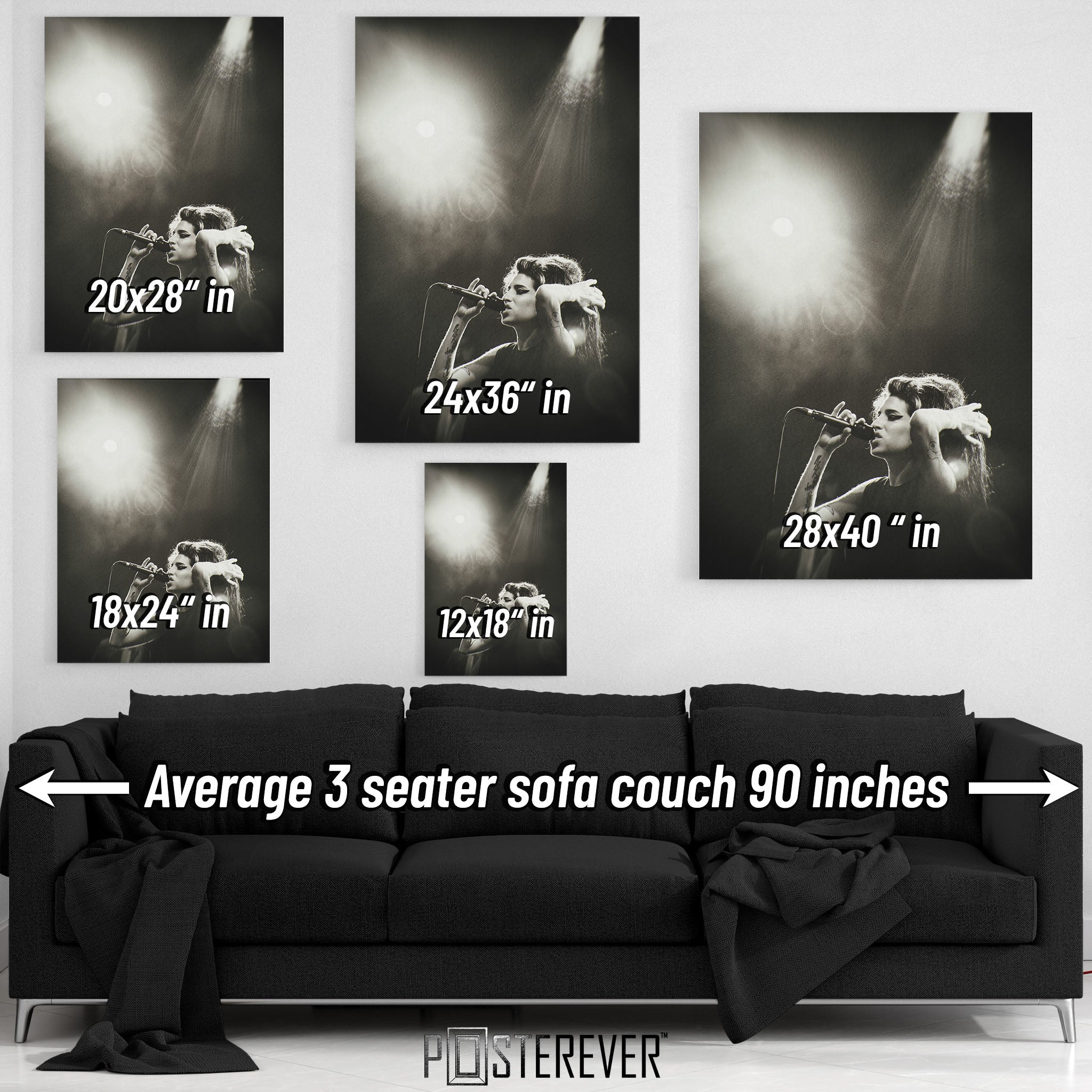 Amy Winehouse Back to Black era black and white wall art size comparison chart shown above an average 90-inch three-seater sofa.