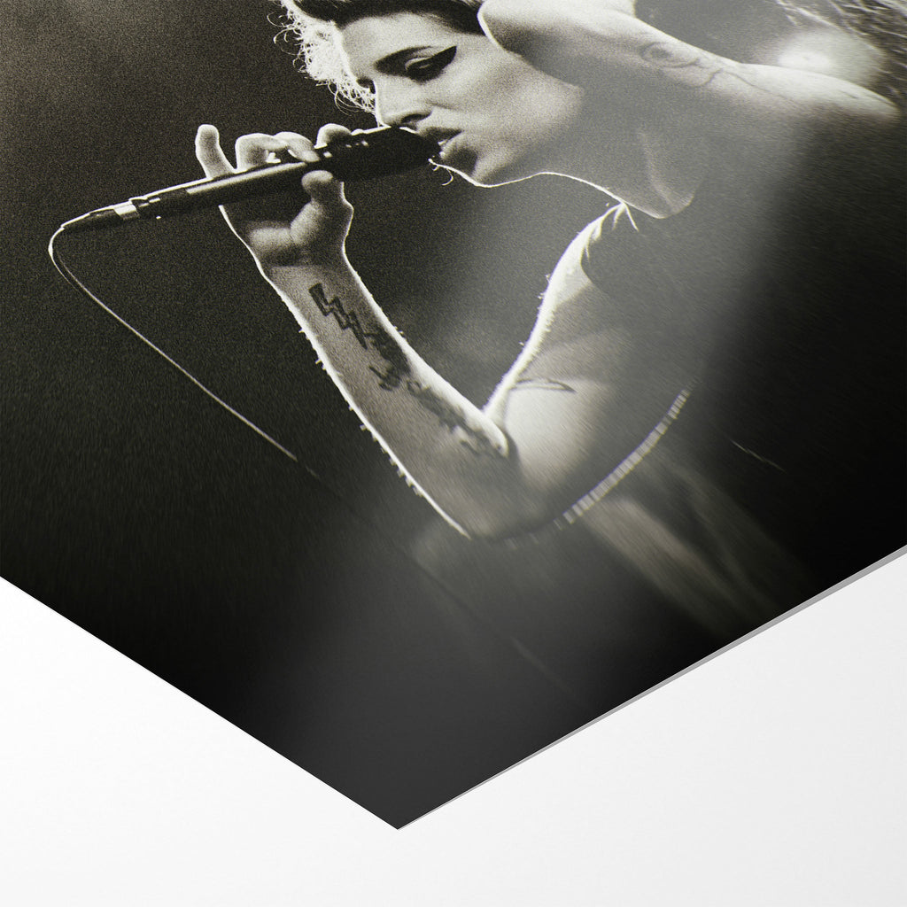 Front close-up showing the deep monochrome contrast and matte finish of the unframed Amy Winehouse black and white art print.