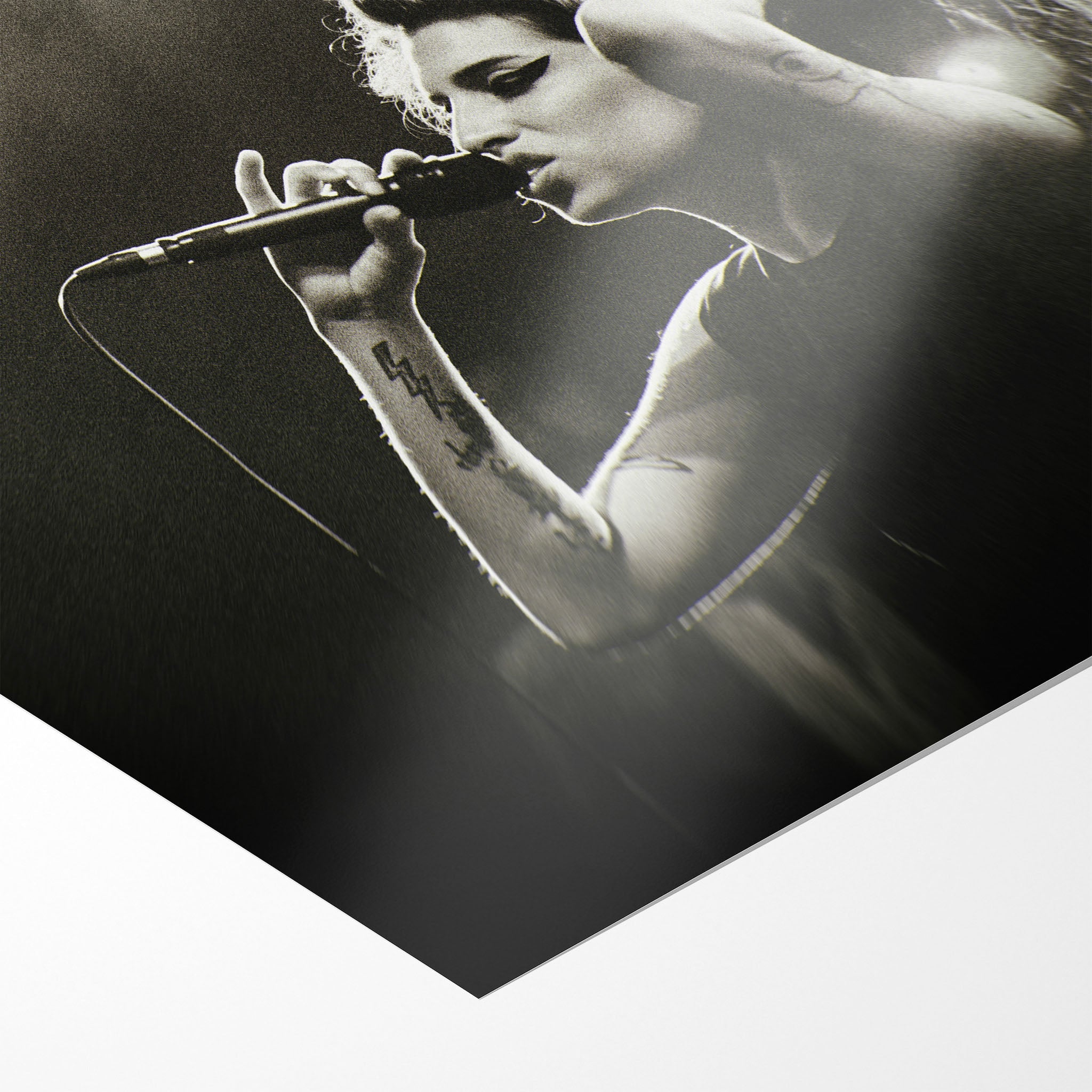 Front close-up showing the deep monochrome contrast and matte finish of the unframed Amy Winehouse black and white art print.