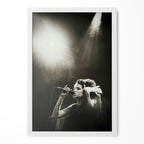 Amy Winehouse Back to Black era black and white poster in a modern minimalist white wooden frame by POSTEREVER.