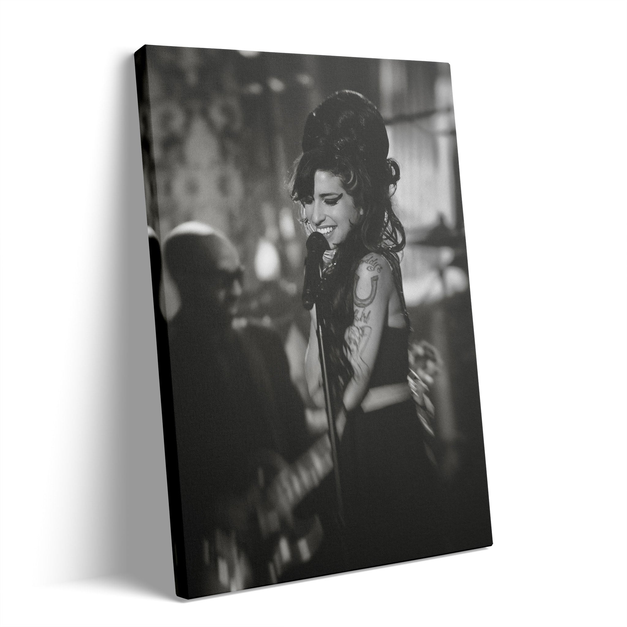 Premium gallery-wrapped black and white canvas print of Amy Winehouse at the 2008 Grammy Awards.