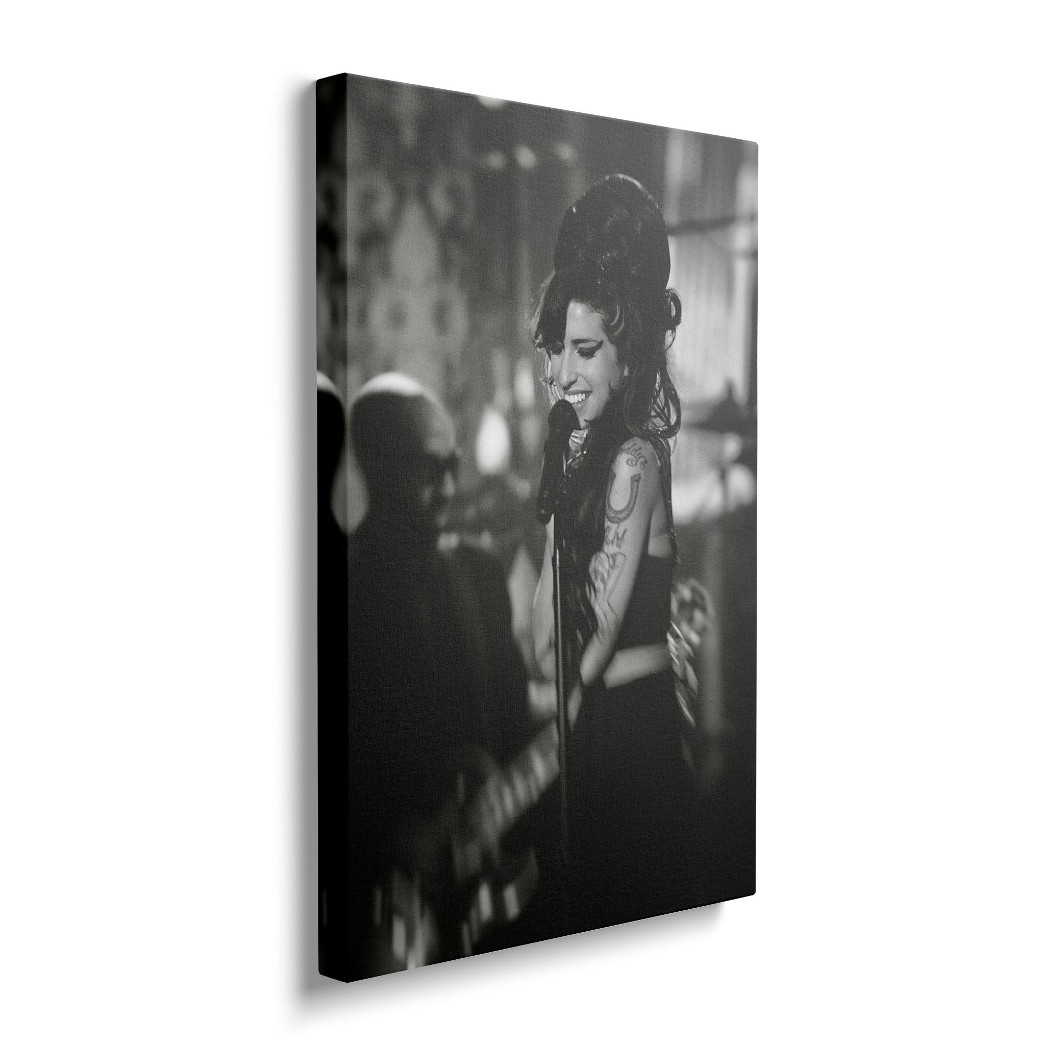 Front view of the heavy-weight black and white canvas wall art print of Amy Winehouse in 2008.