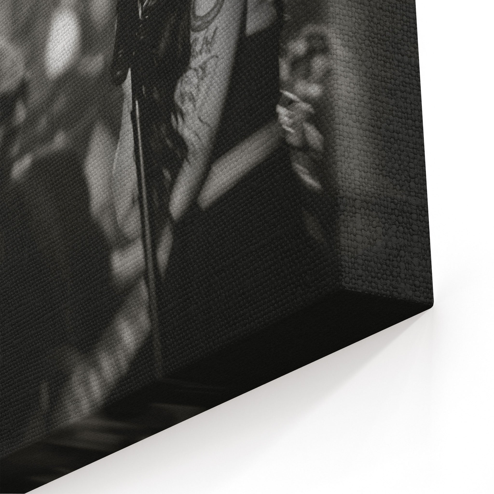 Close-up of the archival canvas texture and sharp black and white print detail on the gallery-wrapped edge.