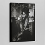 Side angle of the Amy Winehouse 2008 Grammys black and white canvas in a luxury minimalist black floating frame.