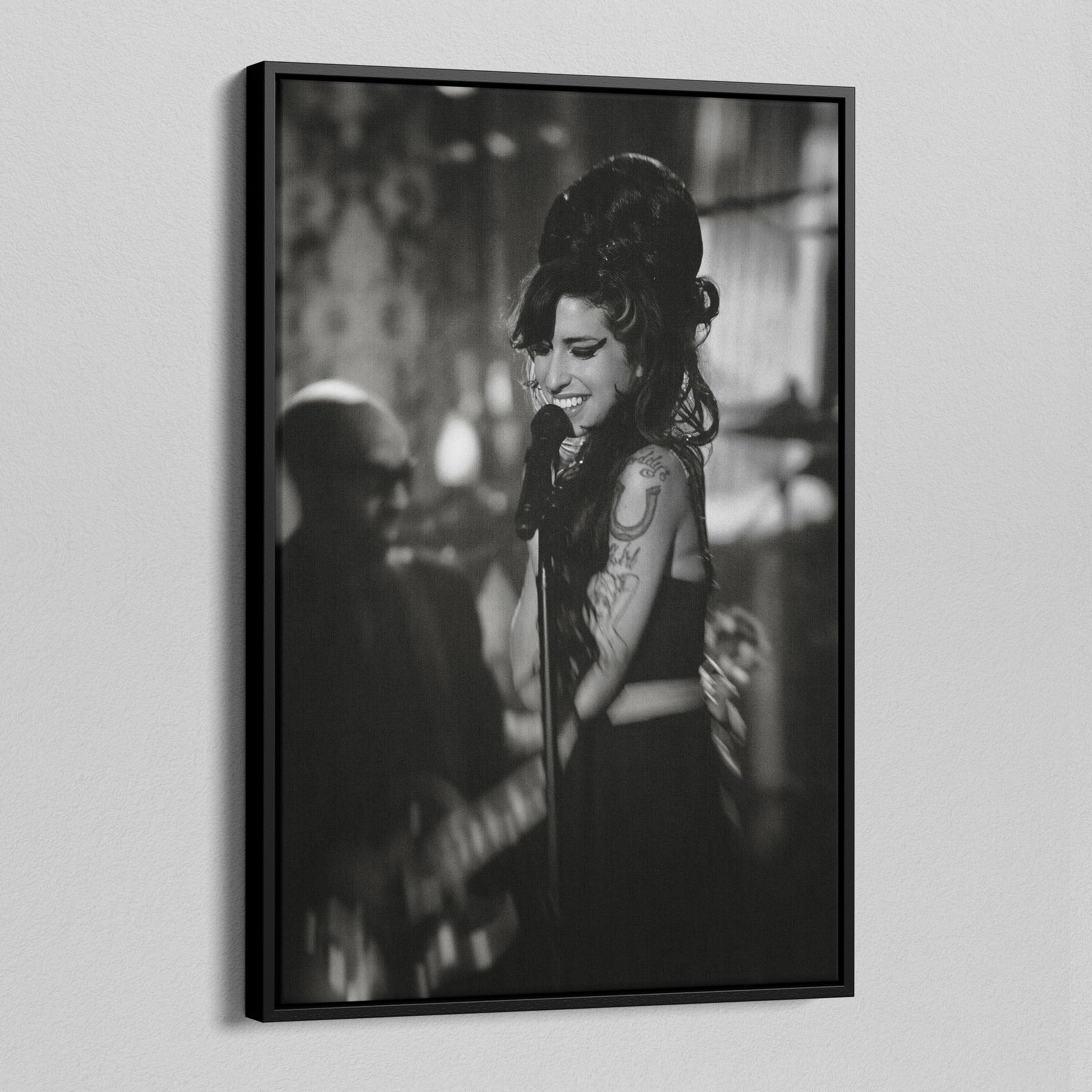 Side angle of the Amy Winehouse 2008 Grammys black and white canvas in a luxury minimalist black floating frame.