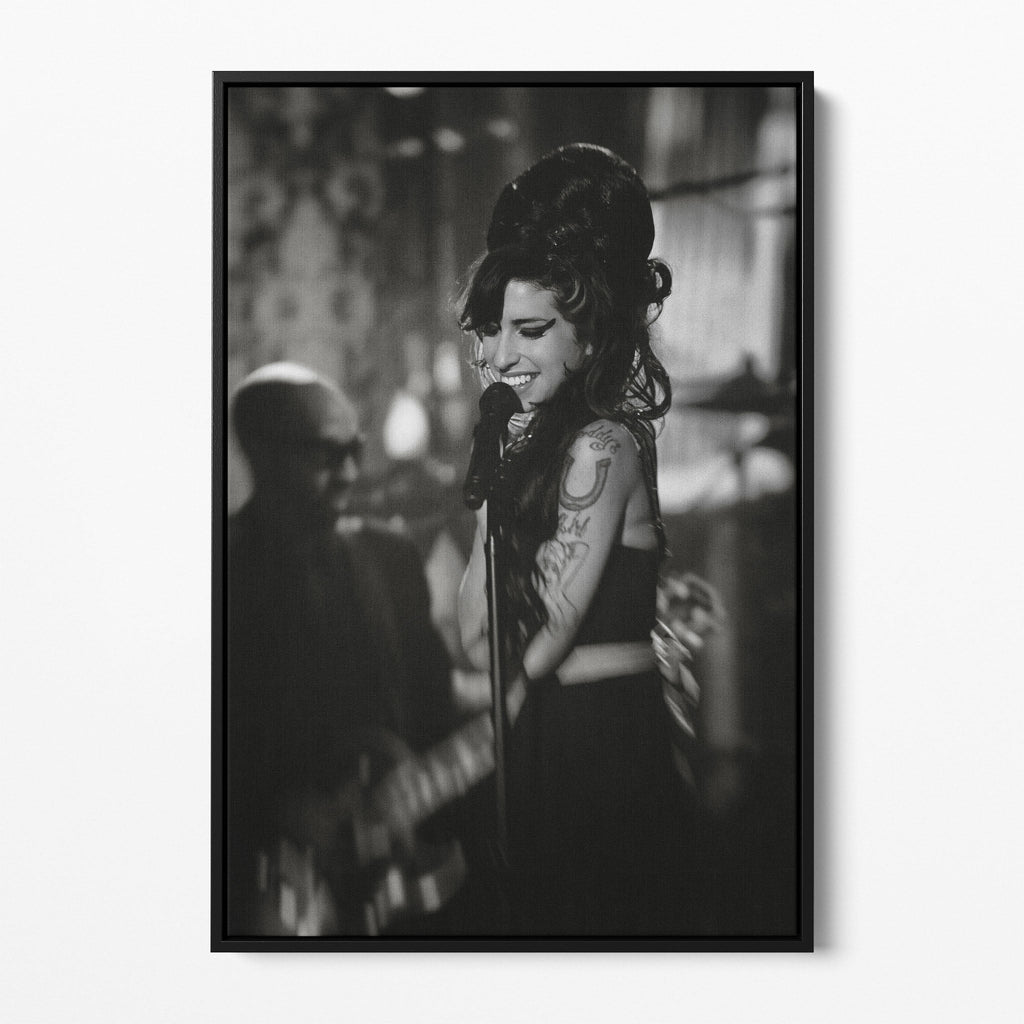 Front view of the Amy Winehouse 2008 Grammys black and white canvas in a sleek black floating frame.