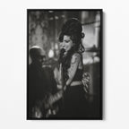 Front view of the Amy Winehouse 2008 Grammys black and white canvas in a sleek black floating frame.