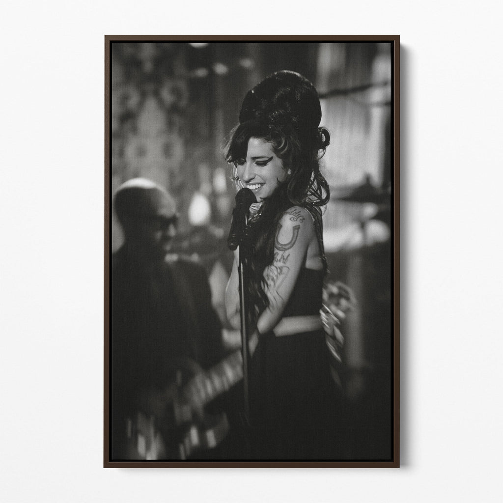 Front display of the Amy Winehouse 2008 Grammys black and white canvas in a premium dark walnut floating frame.