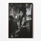 Front display of the Amy Winehouse 2008 Grammys black and white canvas in a premium dark walnut floating frame.