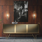 Sleek aluminum black and white metal print of Amy Winehouse displayed over a mid-century modern credenza.