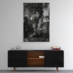 High-gloss acrylic glass black and white print of Amy Winehouse displayed above a contemporary console.