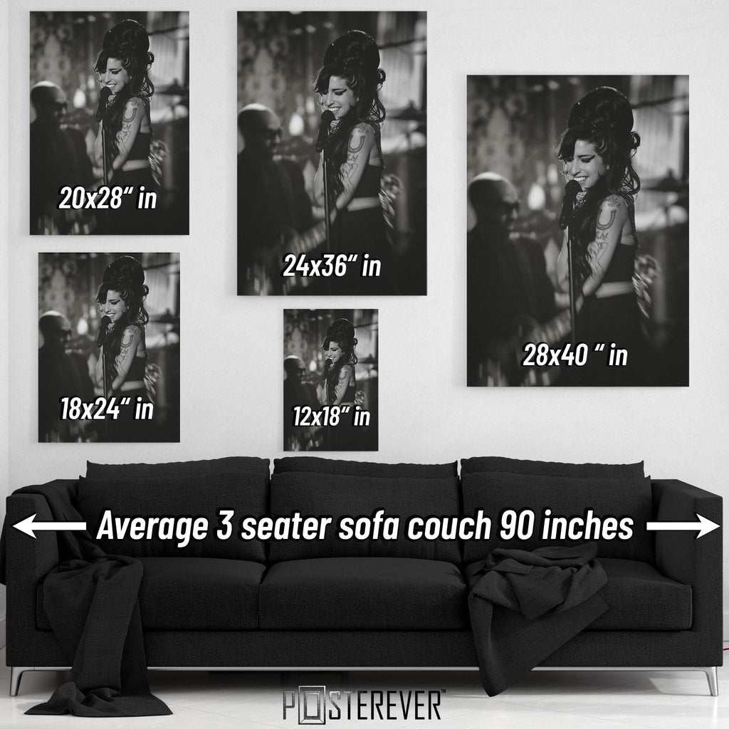 Amy Winehouse 2008 Grammys black and white wall art size comparison chart shown above an average 90-inch three-seater sofa.