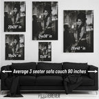 Amy Winehouse 2008 Grammys black and white wall art size comparison chart shown above an average 90-inch three-seater sofa.