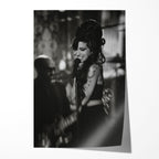 Unframed black and white Amy Winehouse 2008 Grammy Awards Riverside Studios concert poster print, smiling with her signature beehive.