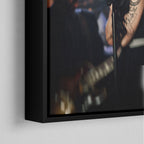 Corner macro of the elegant floating gap and fine finish of the black floating canvas frame.
