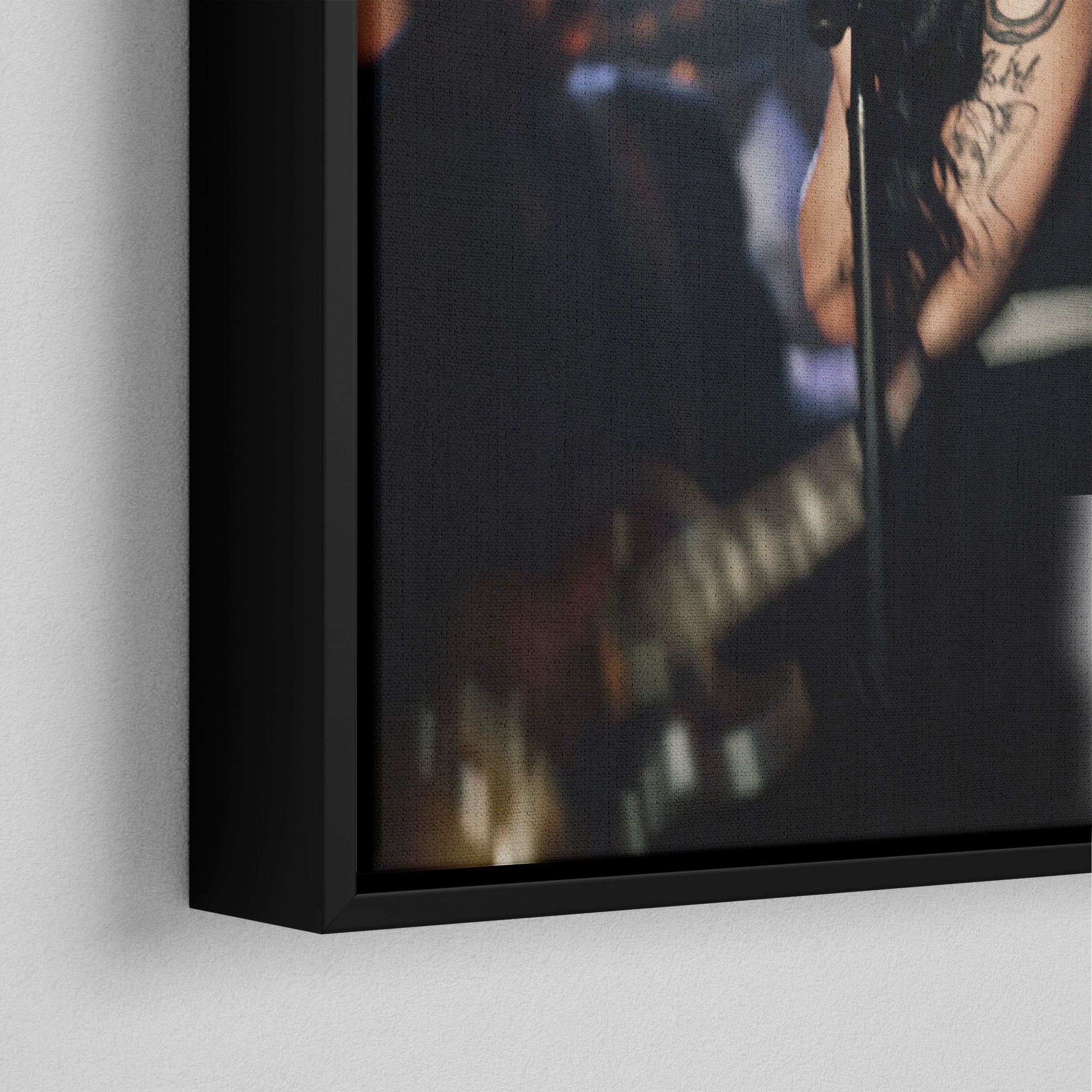 Corner macro of the elegant floating gap and fine finish of the black floating canvas frame.