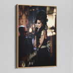 Angled view of the color canvas in a modern natural oak wood floating frame.