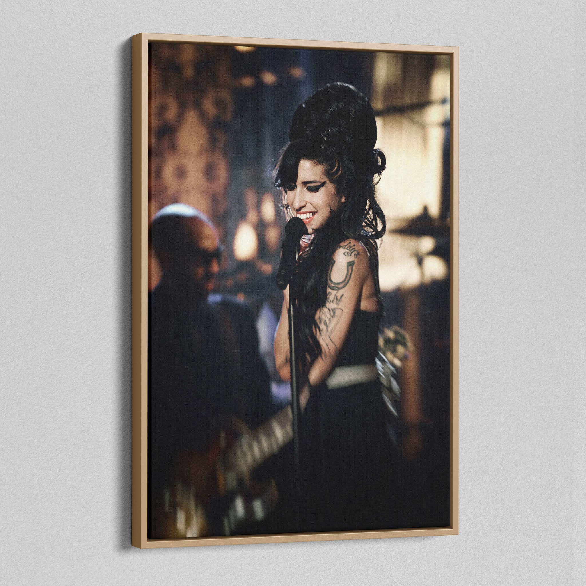 Angled view of the color canvas in a modern natural oak wood floating frame.