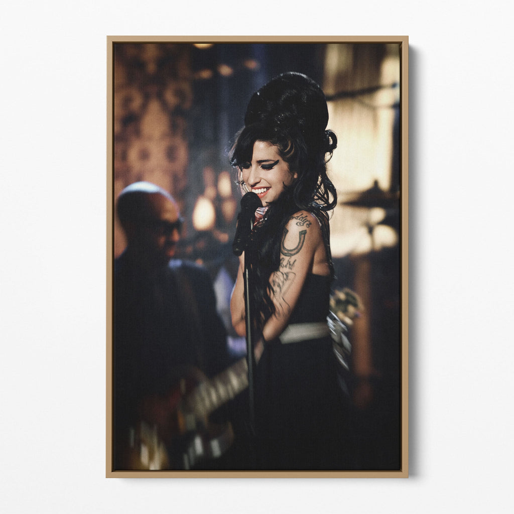 Front display of the Amy Winehouse 2008 Grammys color canvas in a premium natural wood floating frame.