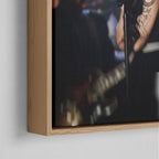 Corner close-up of the floating gap and grain texture of the natural wood canvas frame.