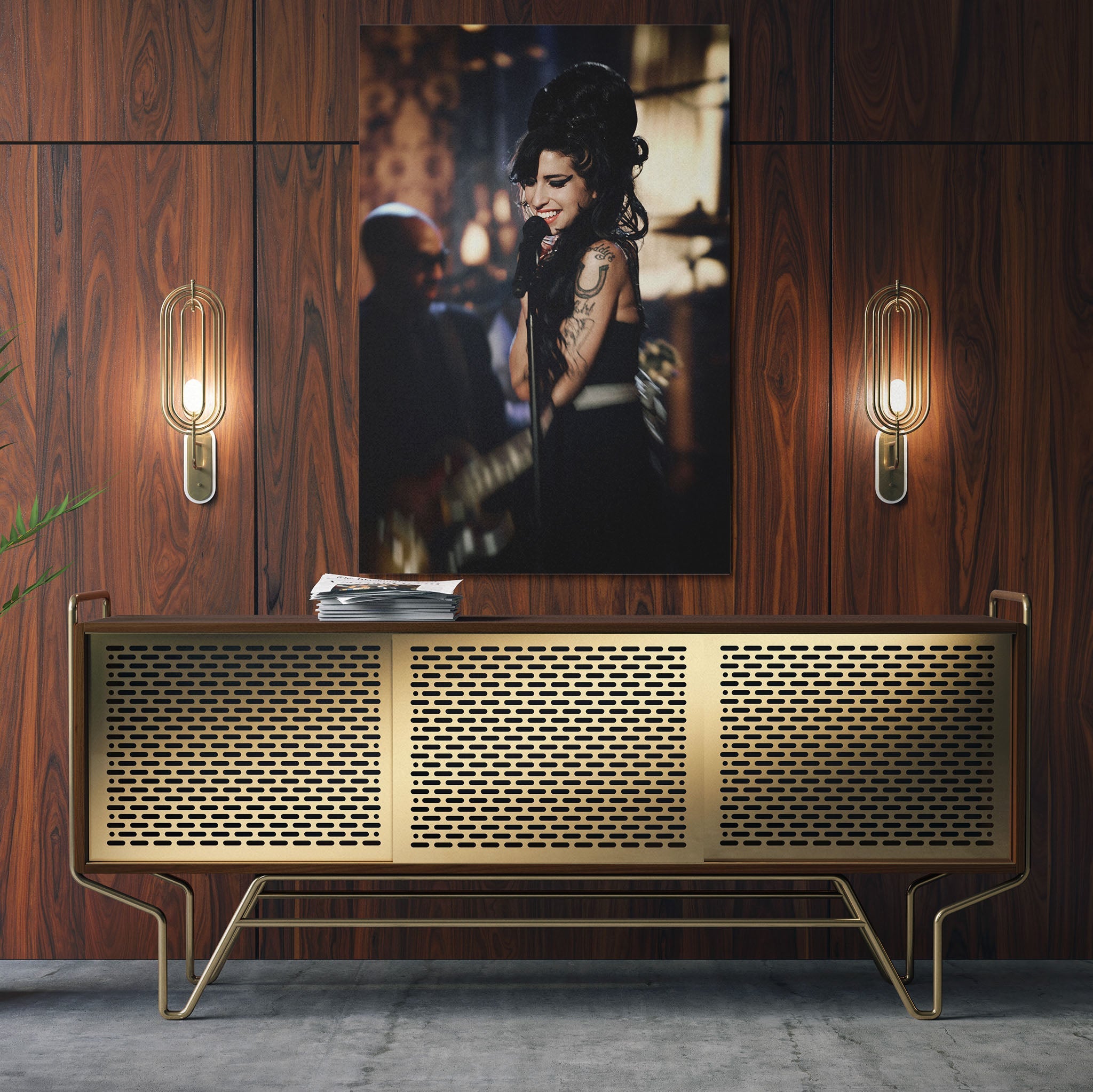 Sleek aluminum color metal print of Amy Winehouse displayed over a mid-century modern credenza.
