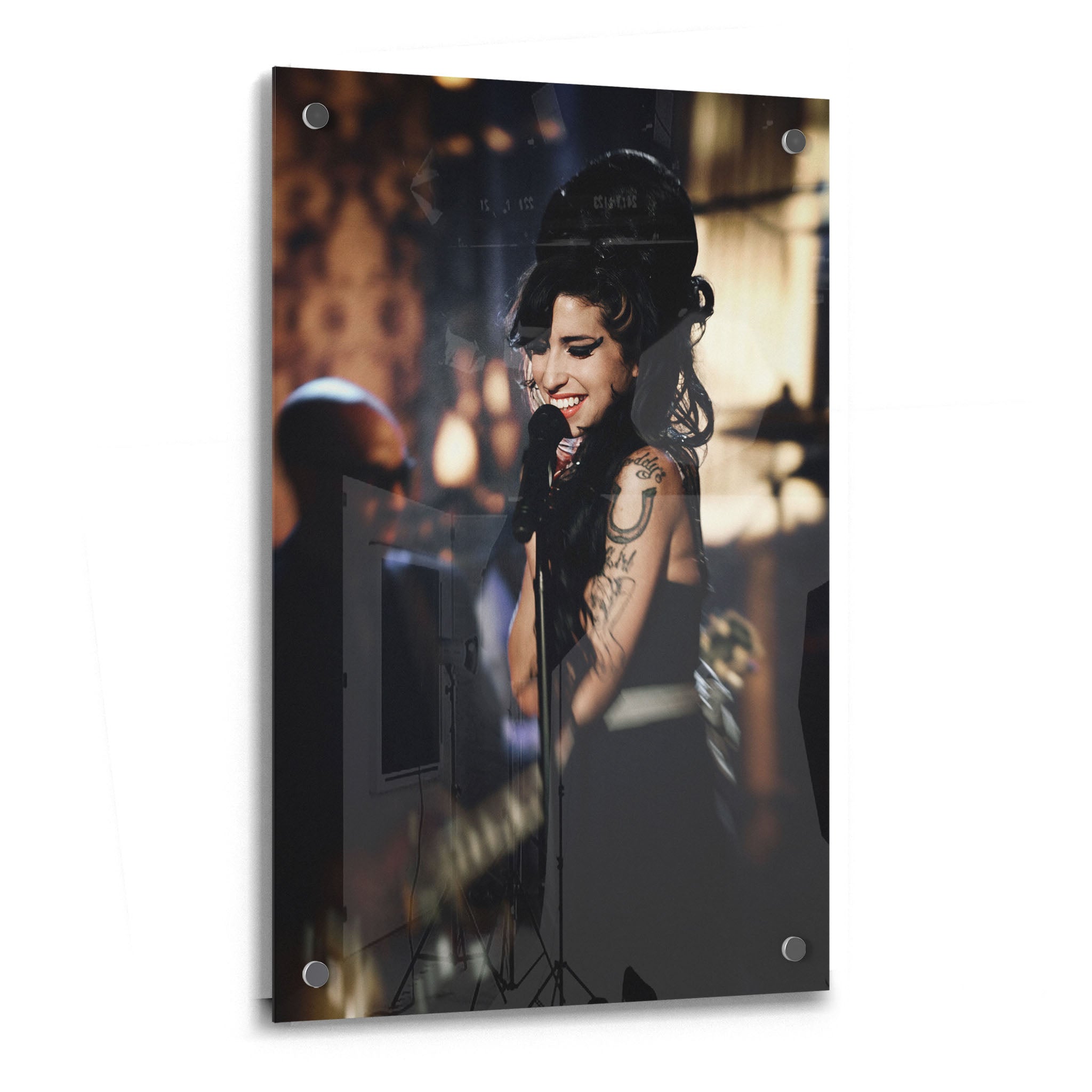 Crystal-clear acrylic glass color art print of Amy Winehouse 2008 Grammys with polished edges.