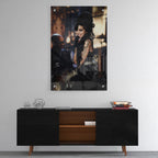 High-gloss acrylic glass color print of Amy Winehouse displayed above a contemporary console.