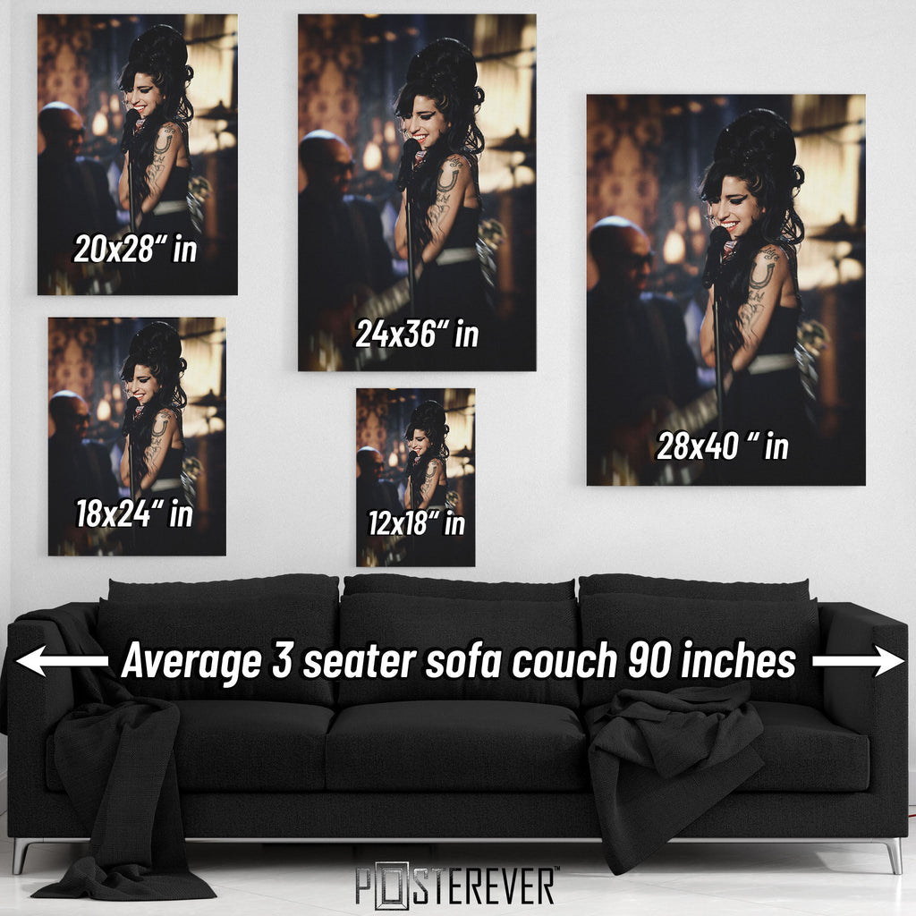 Amy Winehouse 2008 Grammys color wall art size comparison chart shown above an average 90-inch three-seater sofa.