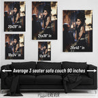 Amy Winehouse 2008 Grammys color wall art size comparison chart shown above an average 90-inch three-seater sofa.