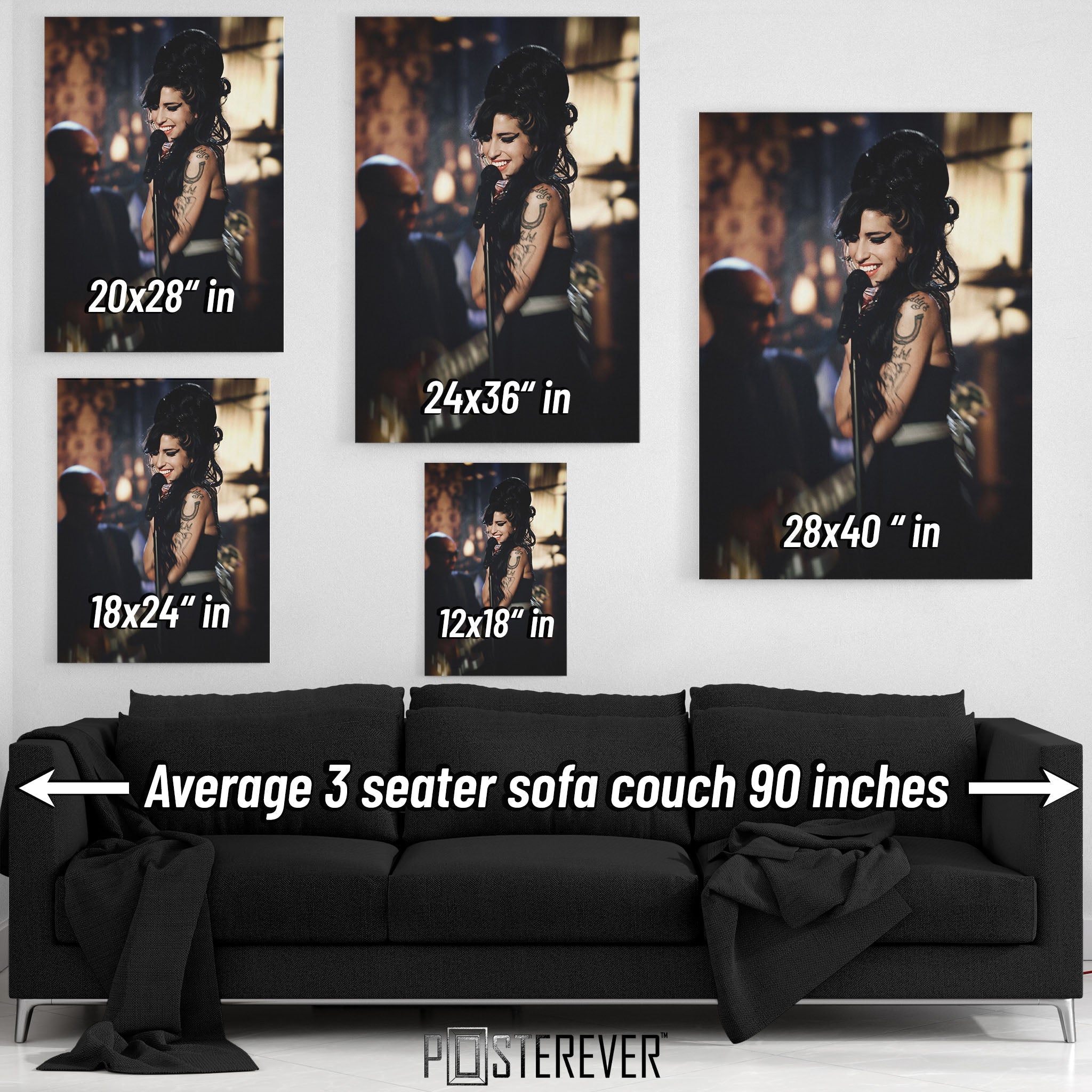 Amy Winehouse 2008 Grammys color wall art size comparison chart shown above an average 90-inch three-seater sofa.
