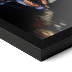 Detailed corner close-up of the premium black wooden frame holding the Amy Winehouse 2008 Grammys color concert poster.