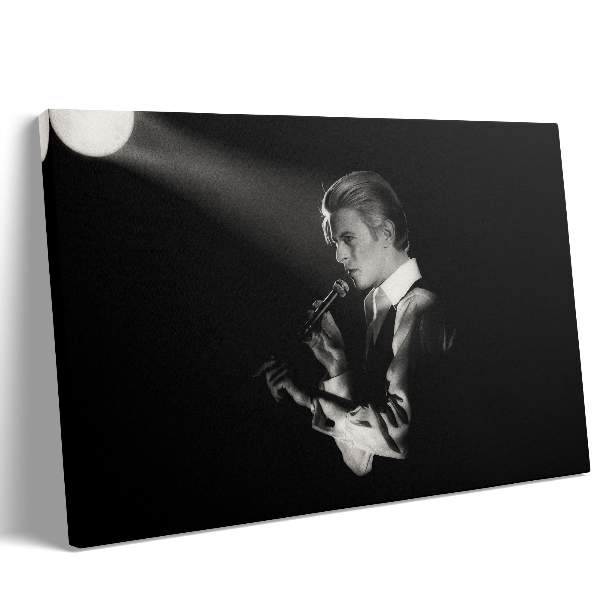 Premium gallery-wrapped black and white canvas print of David Bowie on the 1976 Isolar Tour.