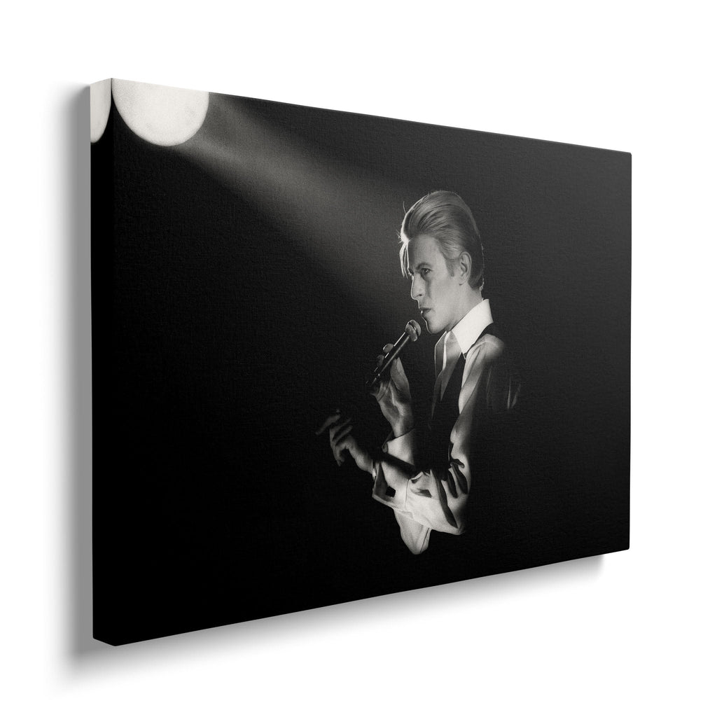 Front view of the heavy-weight black and white canvas wall art print of David Bowie in 1976.