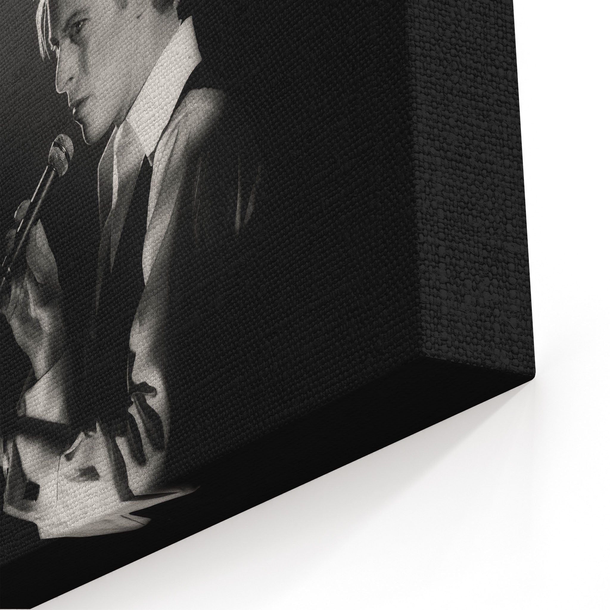 Close-up of the archival canvas texture and sharp black and white print detail on the gallery-wrapped edge.