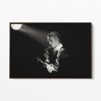 Front display of the David Bowie 1976 black and white canvas in a premium dark walnut floating frame.