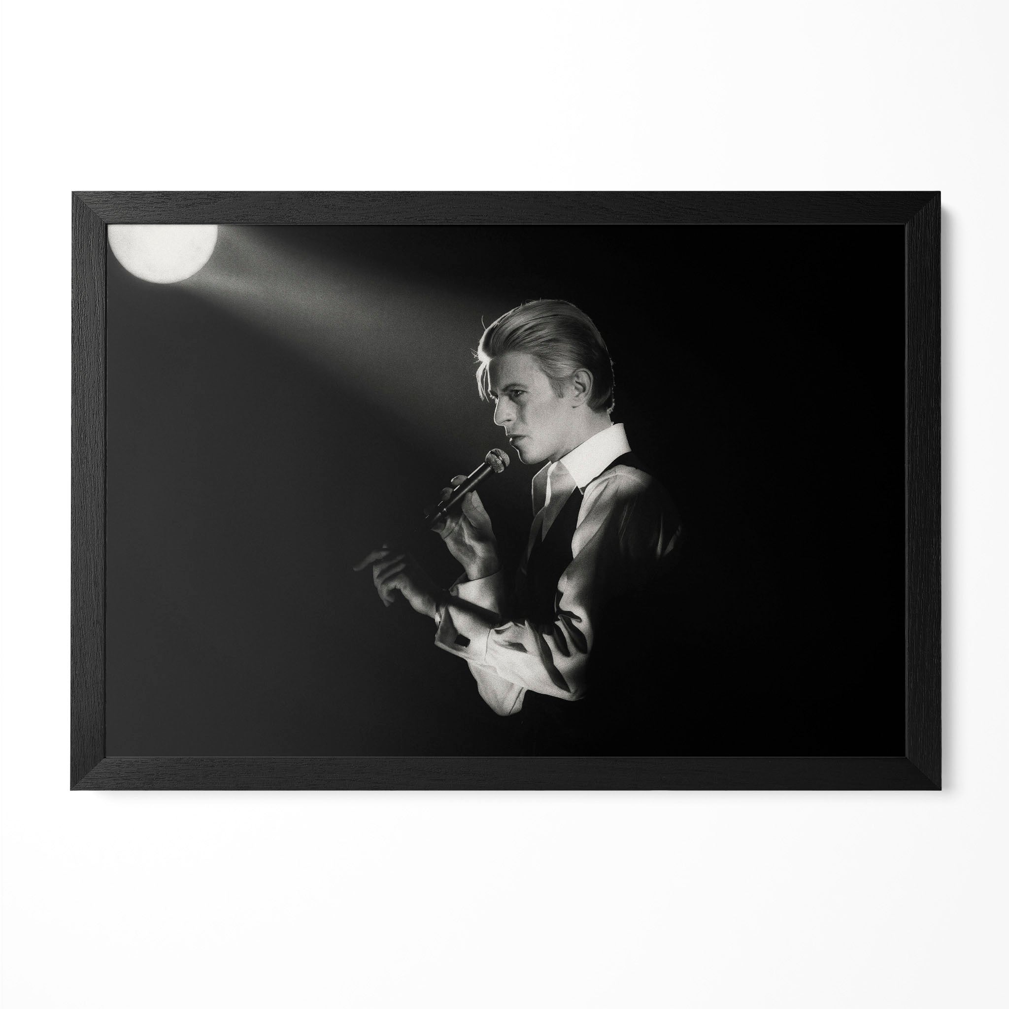 David Bowie 1976 Isolar Tour Thin White Duke black and white profile poster in a premium classic black wooden frame by POSTEREVER.