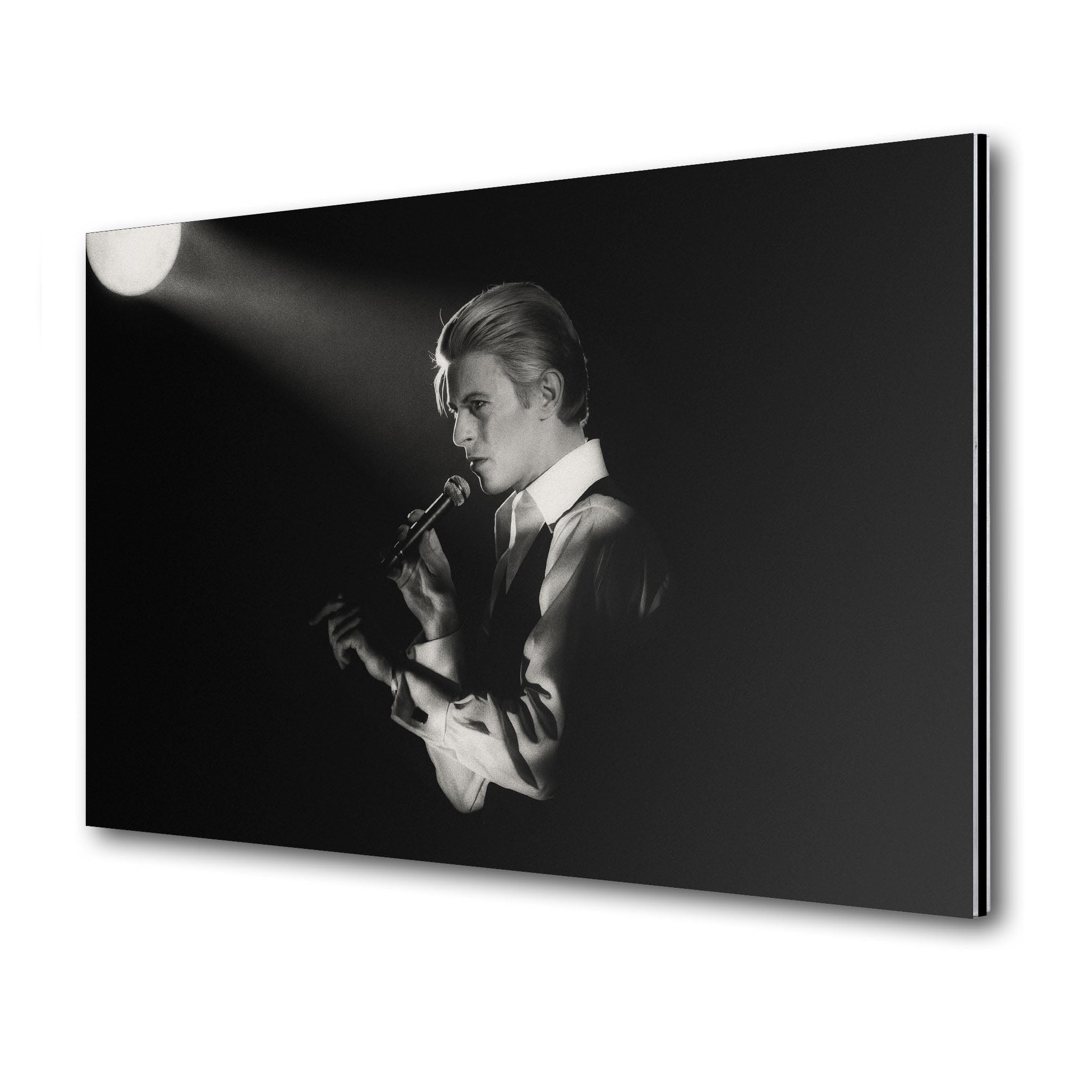 Premium black and white metal print of David Bowie on the 1976 Isolar Tour on an industrial-grade aluminum panel.