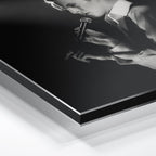 Macro close-up of the ultra-thin aluminum DIBOND panel edge of the David Bowie 1976 black and white metal print.