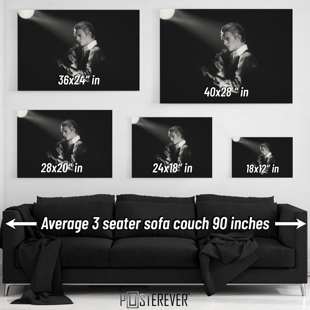 David Bowie 1976 Isolar Tour black and white wall art size comparison chart shown above an average 90-inch three-seater sofa.